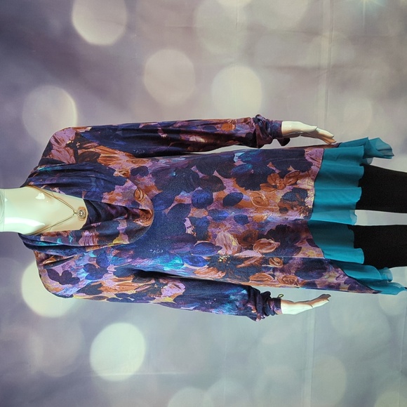 CABLE & GAUGE COWL-NECK FLORAL TUNIC WITH SHEER HEMLINE BORDER sz L - Picture 1 of 6